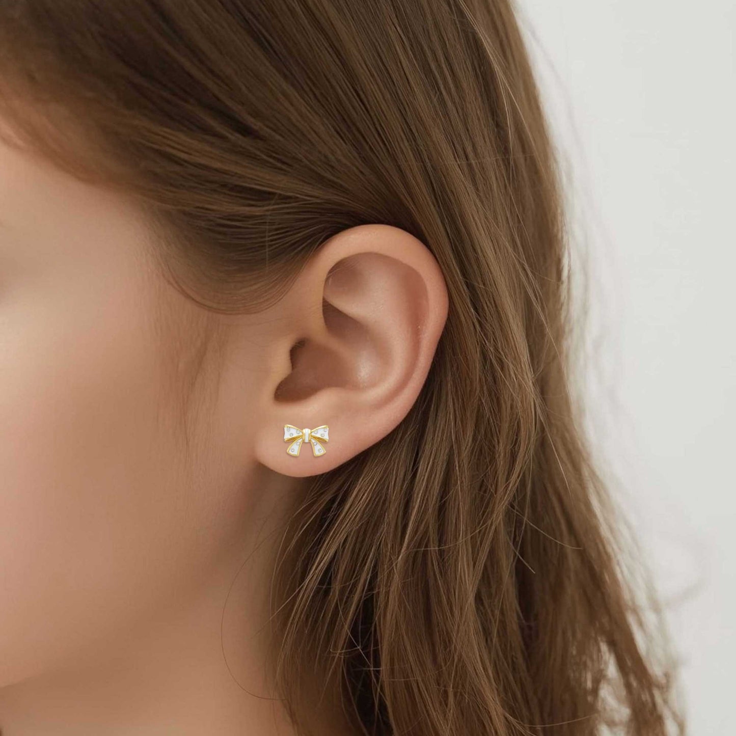 Bow Stud Earrings with Crystals (White)