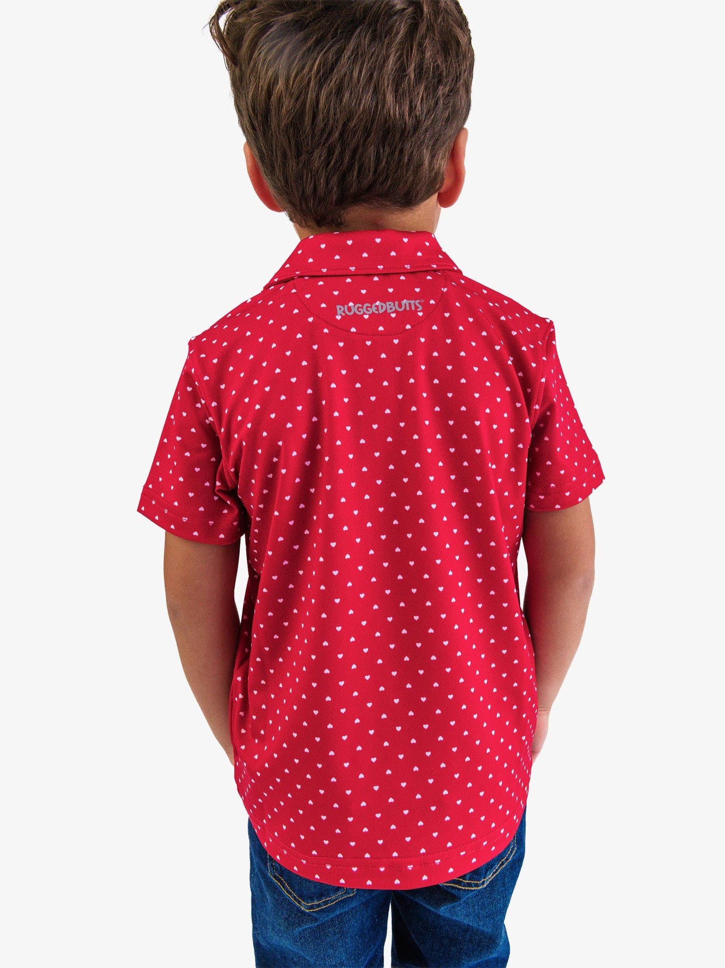 Boys Red Heart Polka Dot Knit Short Sleeve Performance Polo: Red