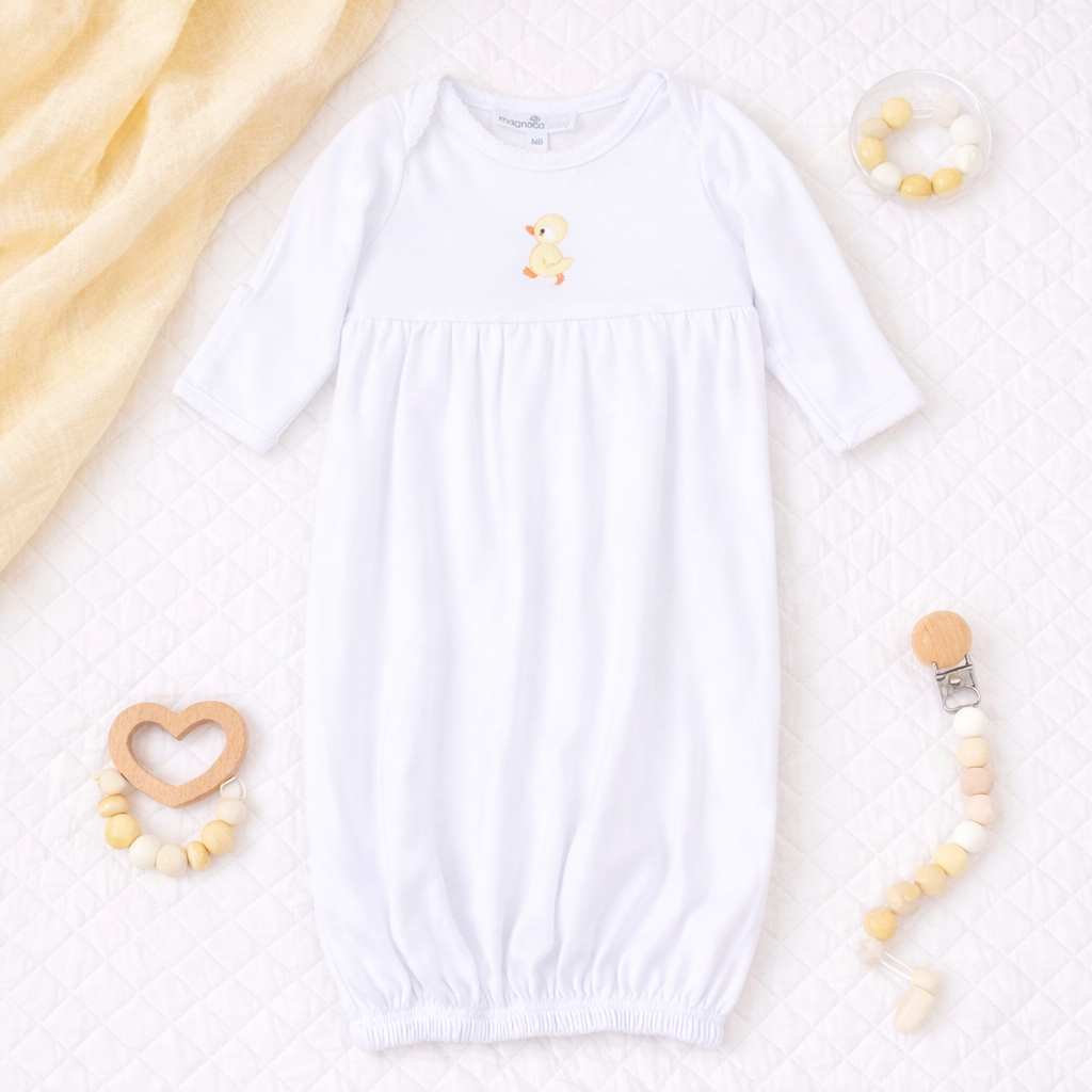 Downy Ducklings Embroidered Gathered Gown: Newborn