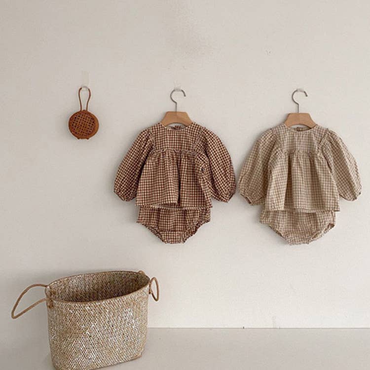 Gingham Baby Romper with Long Sleeve Puff Design: Brown