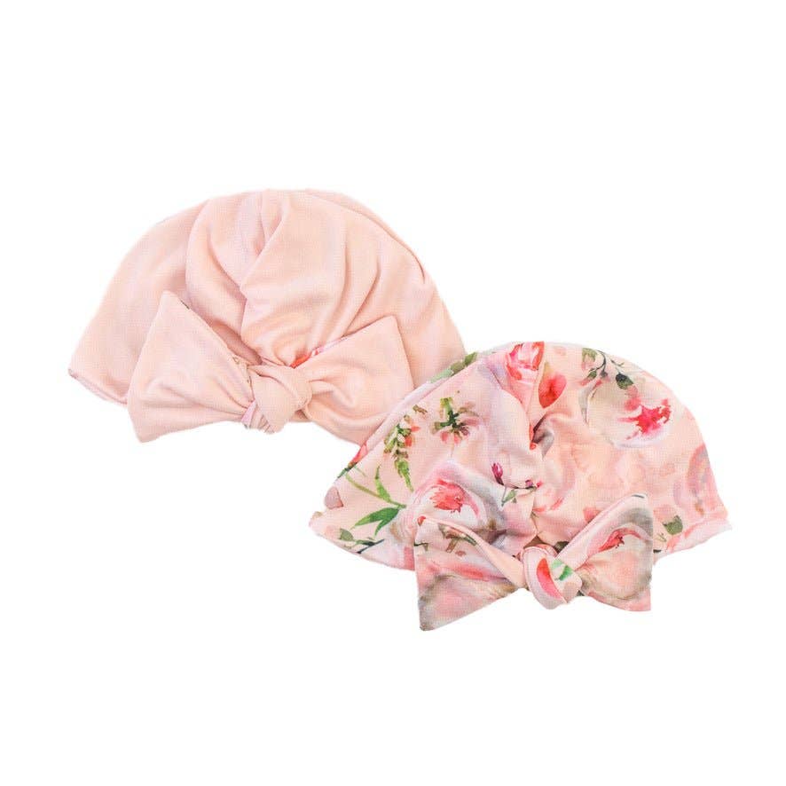 RUCHED BEANIE WITH BOW: Dusty Roses / 0-6m