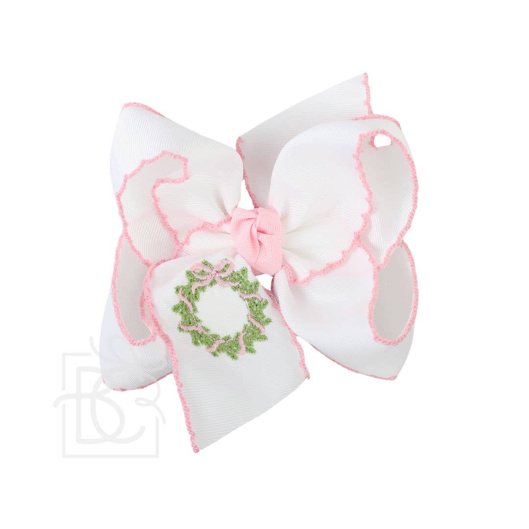 EMBROIDERED WREATH CROCHET EDGE HAIR BOWS: White w/ Red Crochet Edge