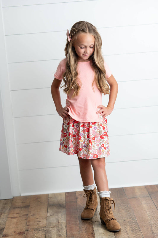 Girls Peach Floral Bow Spring Summer Skort Set: 3/4
