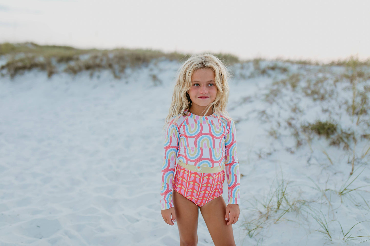 Kids Coral Rainbow Row Zip Rash Guard One Piece Swimsuit
