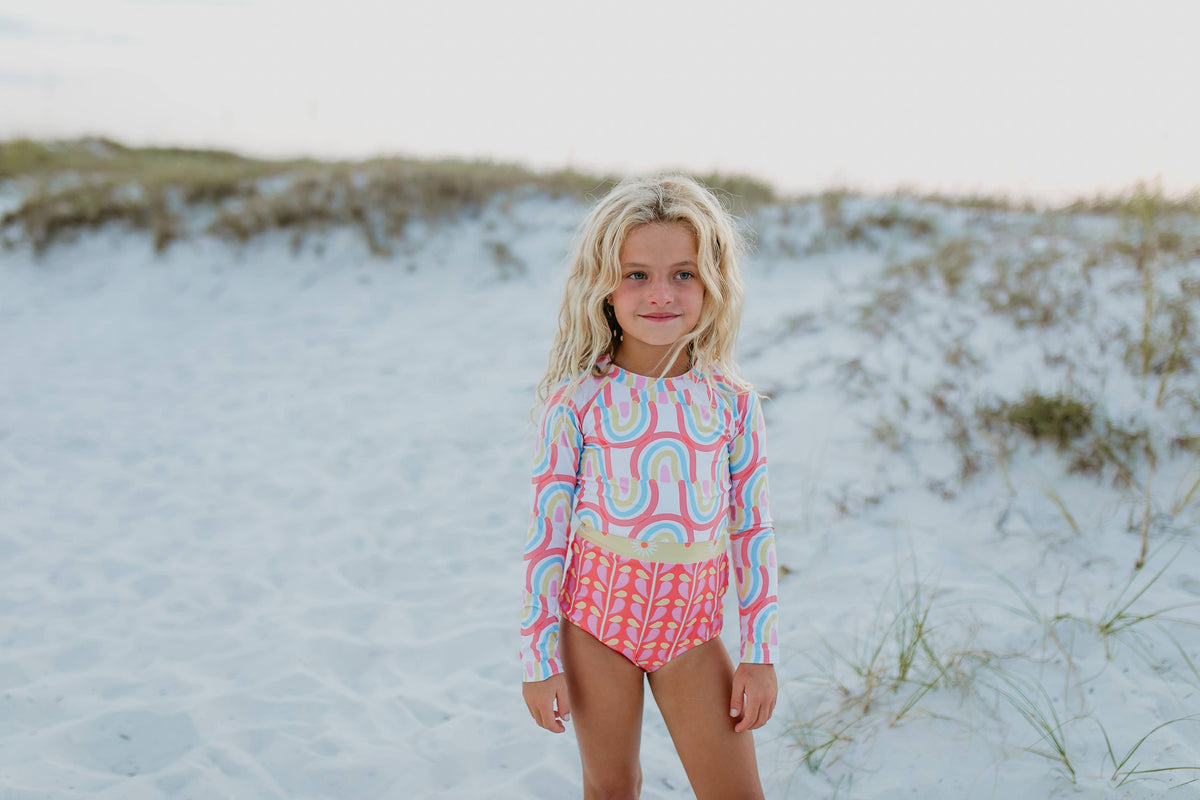 Kids Coral Rainbow Row Zip Rash Guard One Piece Swimsuit