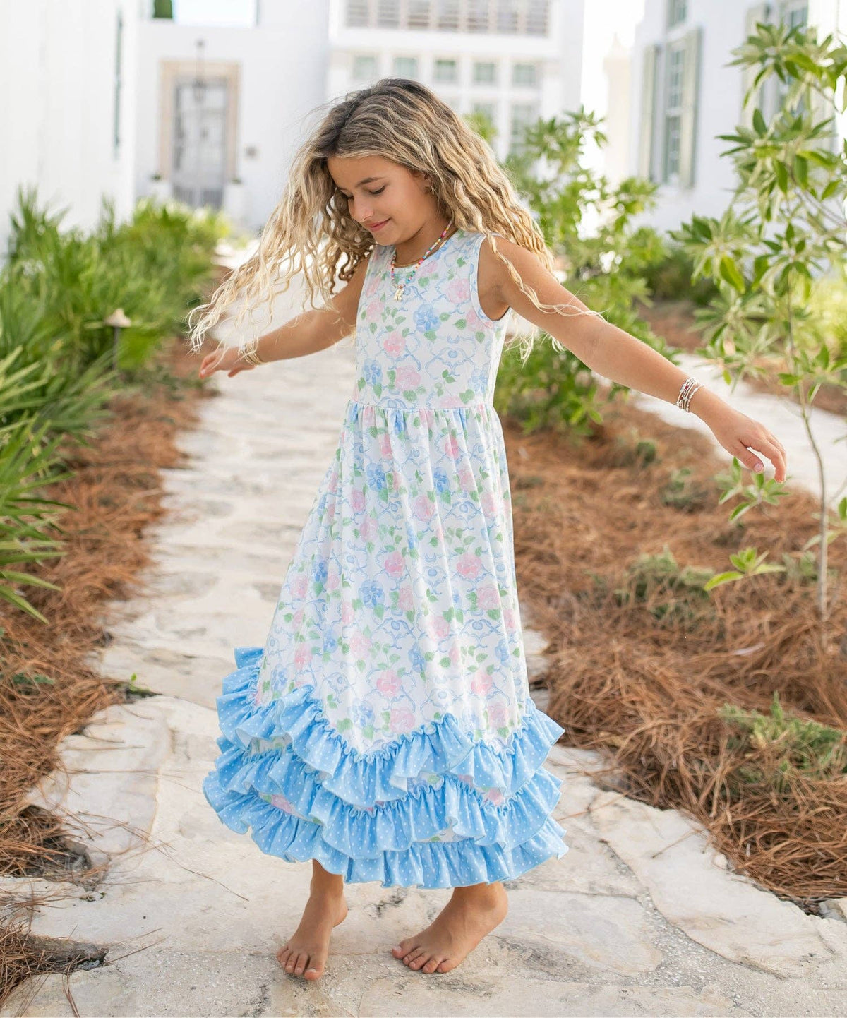 Girls Olivia 3 Ruffle Pastel Blue Floral Spring Summer Dress