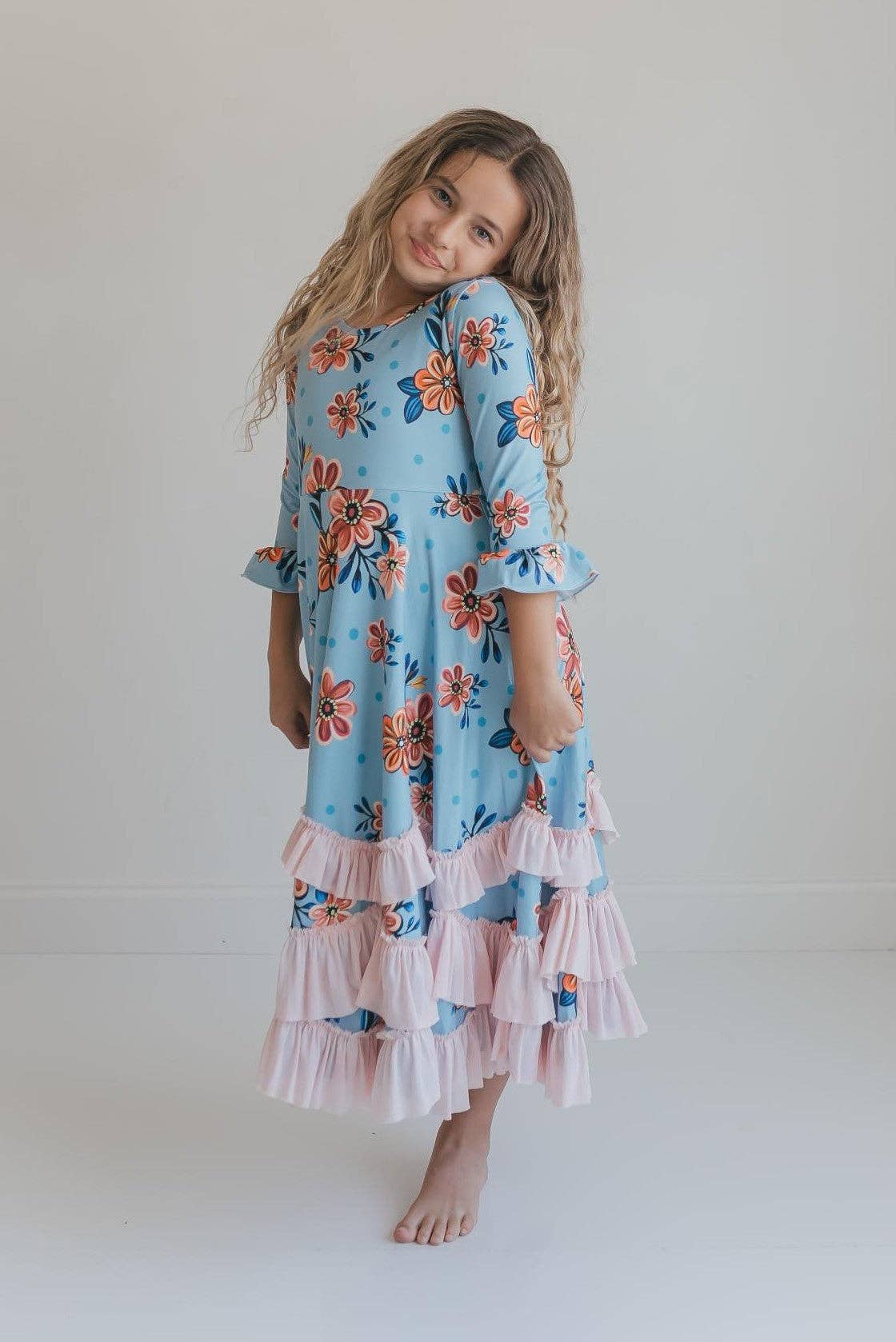 Girls Bella Blue & Blush Winter Garden Twirl Ruffles Dress