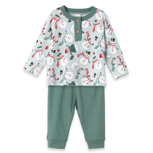 Christmas Snowmen Baby Boy's Bamboo Henley Top & Pants: