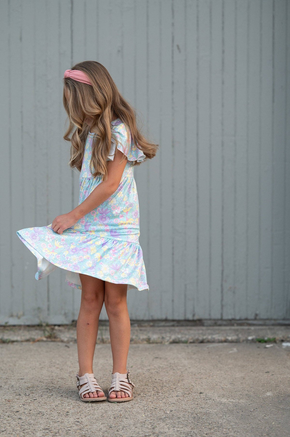 Kids Emmy Purple Pastel Floral Flutter Sleeve Twirl Dress