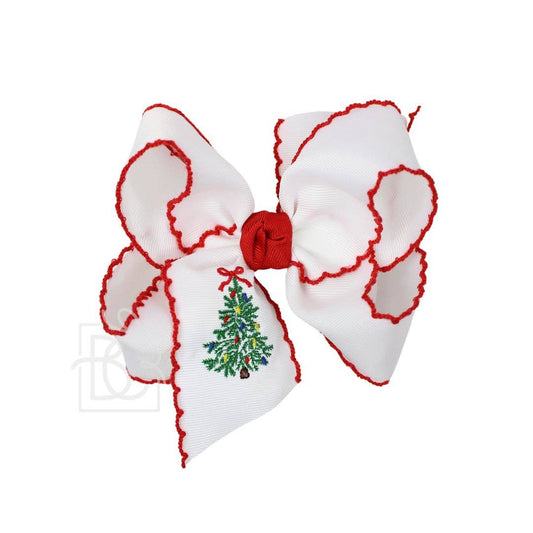 EMBROIDERED CHRISTMAS TREE CROCHET EDGE BOWS: White w/ Red Crochet Edge / 4.5" Large