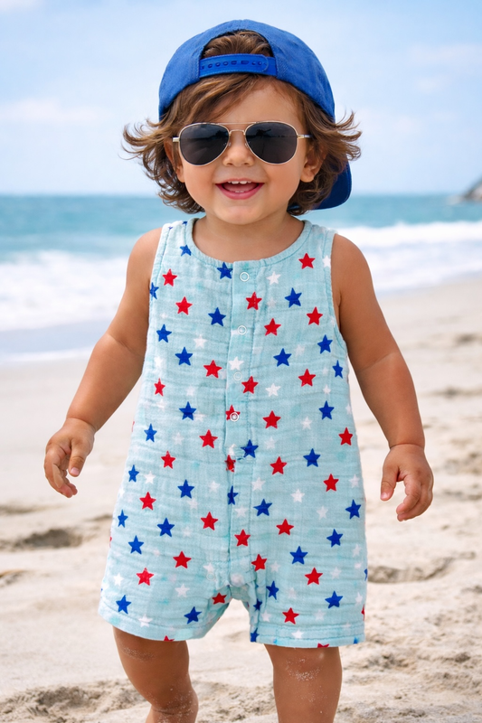 Splendid Stars Blue / Muslin Shortie Romper: 0-3M