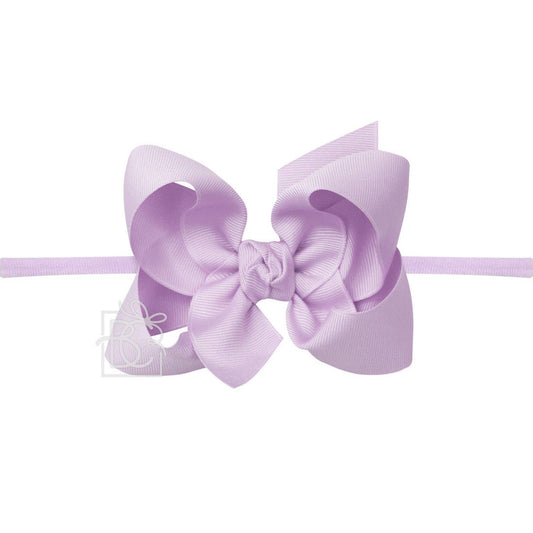 1/4" NYLON PANTYHOSE HEADBAND W/SIGNATURE GROSGRAIN BOW: WHITE/L. PINK BOW / 3.5" Medium