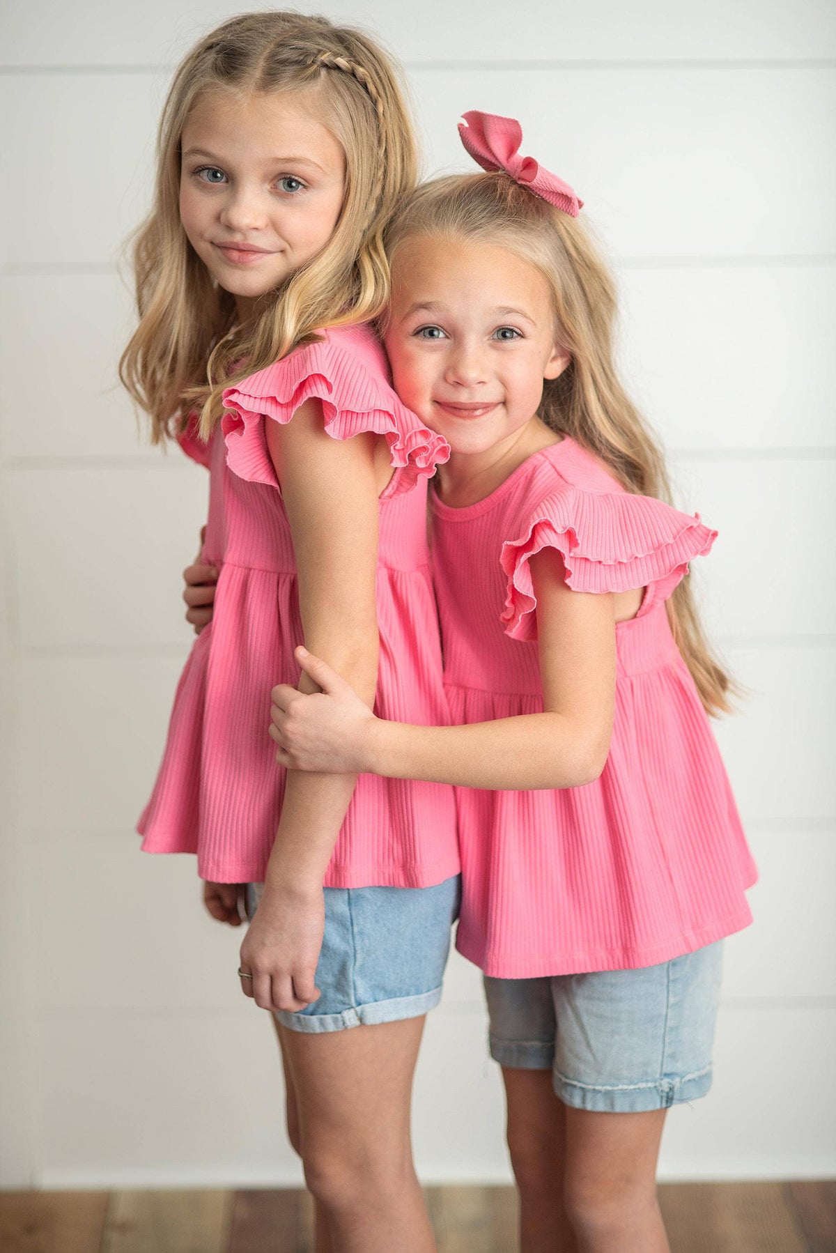 Kids Bright Pink Double Ruffle Flutter Sleeve Summer Shirt: