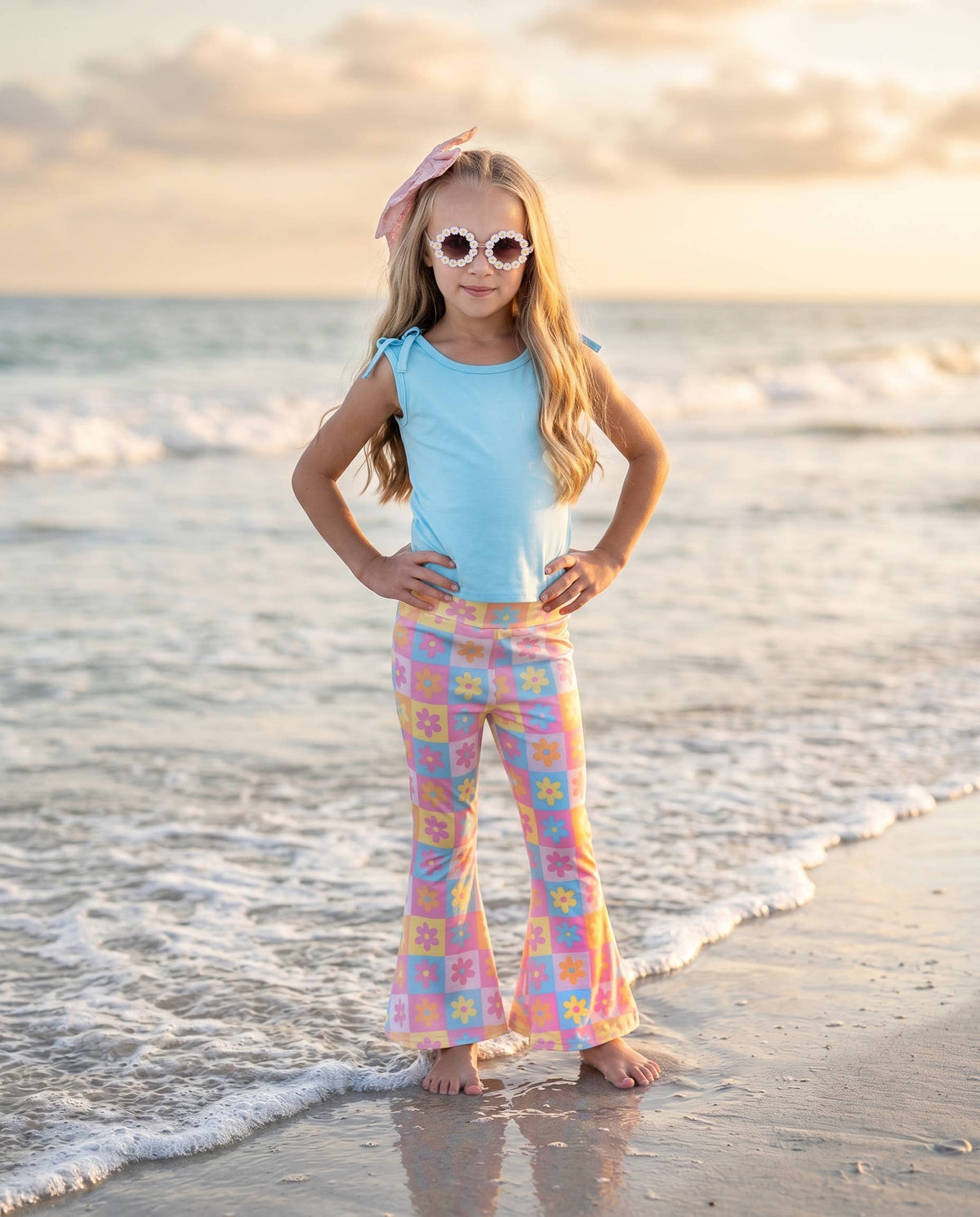 Girls Flare Floral Blue Pink Pastel Summer Spring Pant Set