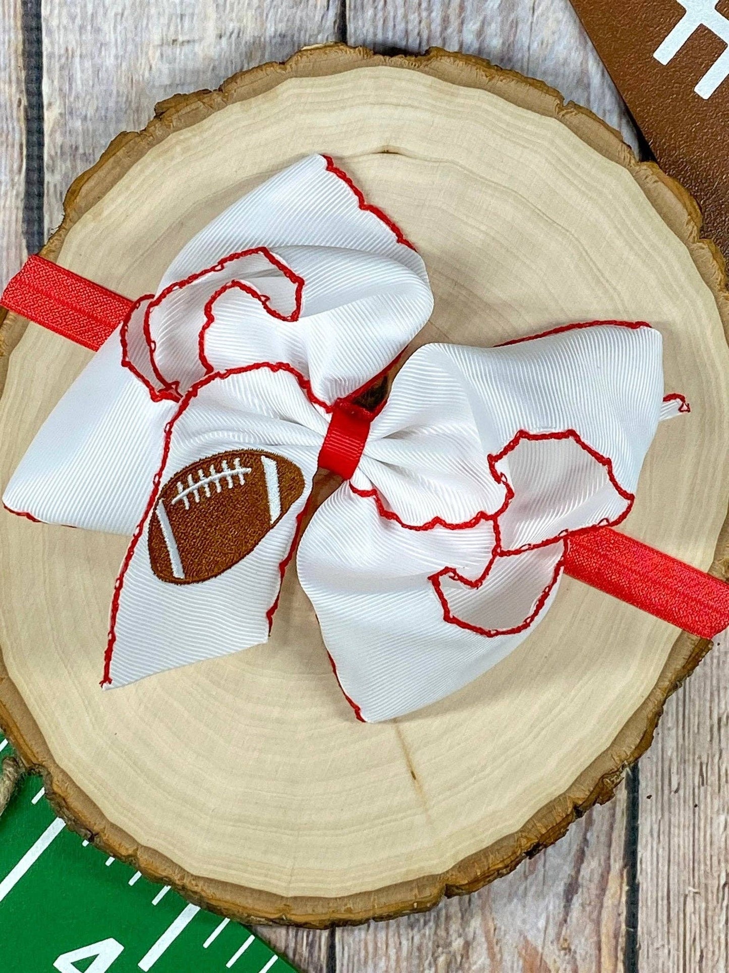 Football Embroidered Moonstitch Hair Bow | Clip or Headband: Orange/White / Clip