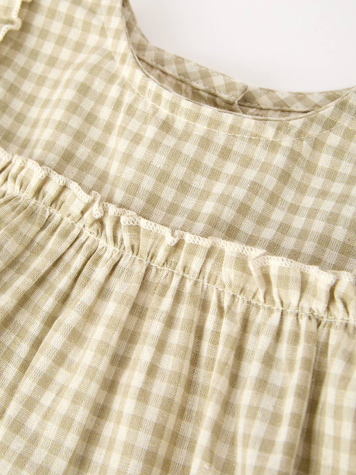 Gingham Baby Romper with Long Sleeve Puff Design: Brown