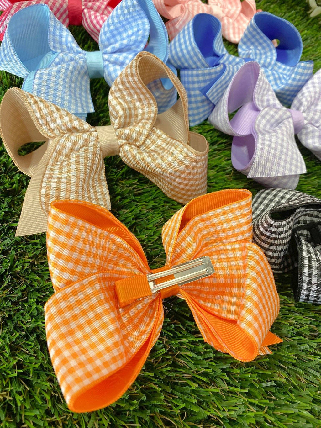 Gingham Classic Boutique Hair Bow | Clip or Headband: Orange / Double Prong Alligator Clip