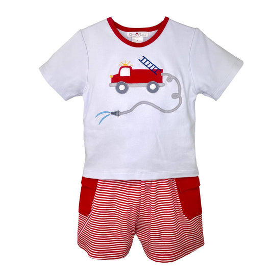 Fire Truck Applique Knit Shirt & Shorts Set: 3T
