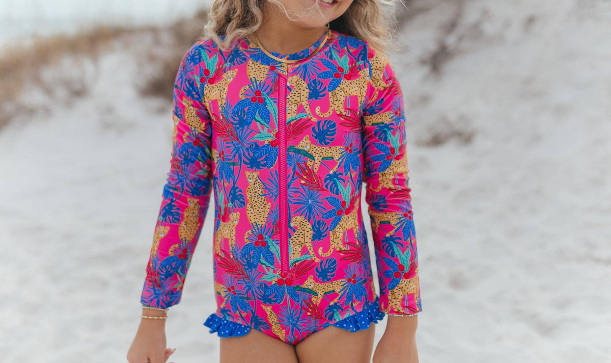 Kids Mia Tropical Cheetah Zip Rash Guard One Piece Swimsuit