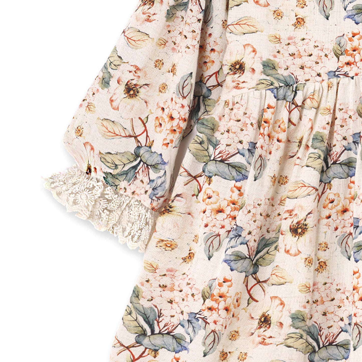 Vintage Floral Dress with Lace Collar Ruffles, Linen Blend: