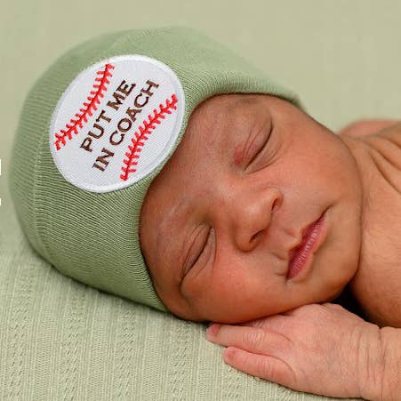 Put Me In Coach Baby Baseball Hat Newborn Baby Hospital Hat : White