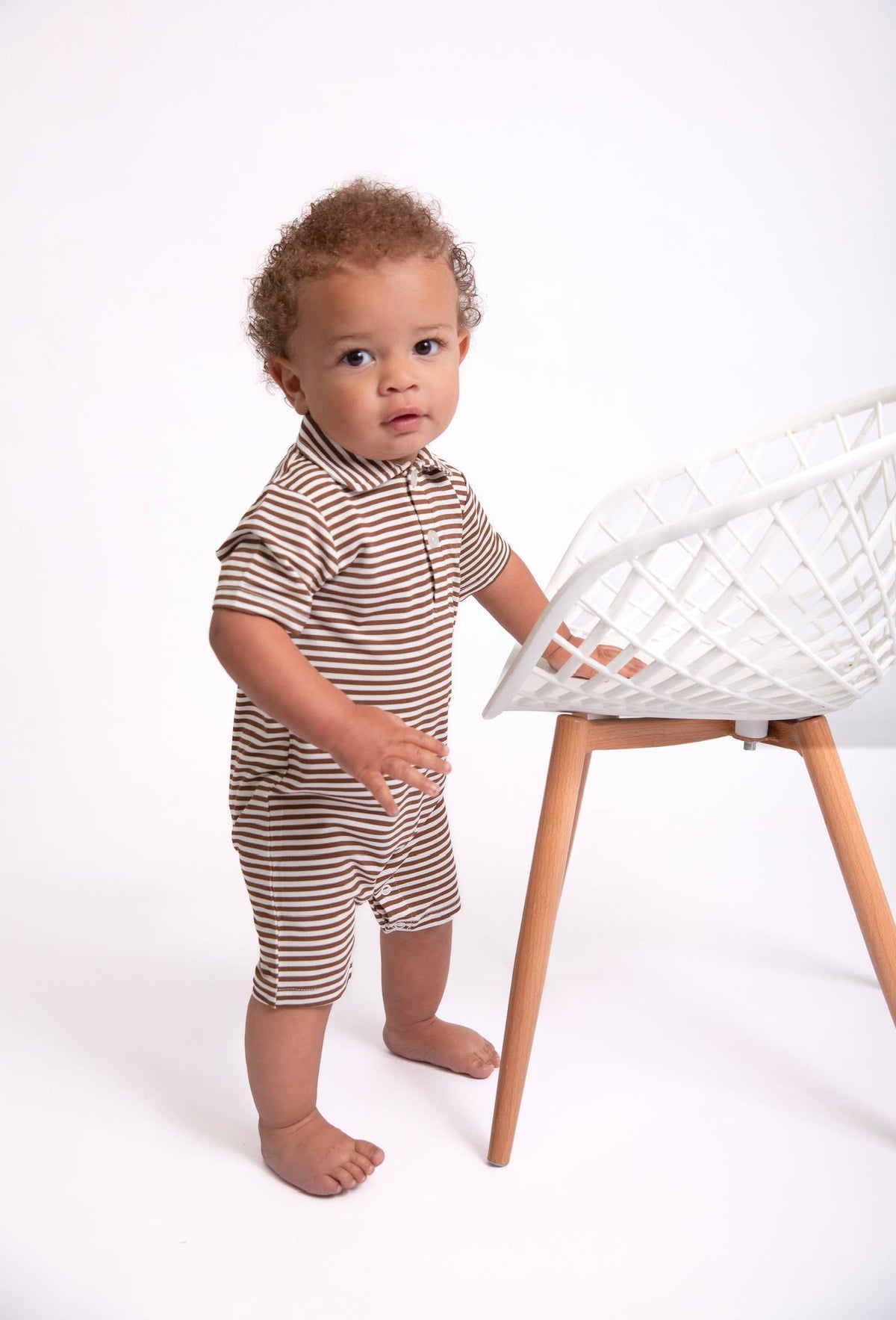 Chocolate Stripes - SS Polo Romper: 6-12mo