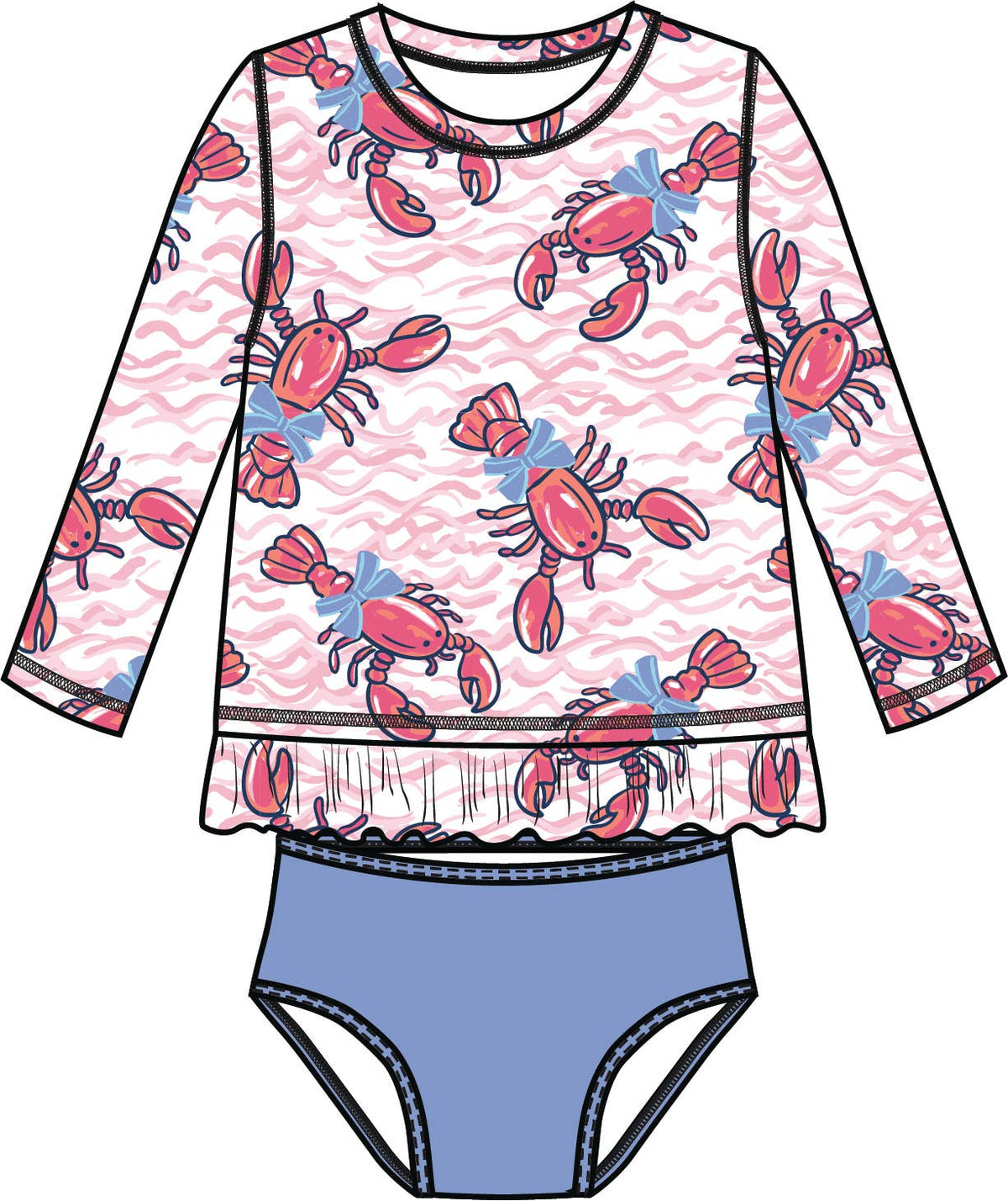 Girls Pink Lobster Lagoon Long Sleeve Rash Guard 2-Piece Swimsuit with Signature Rear Ruffles