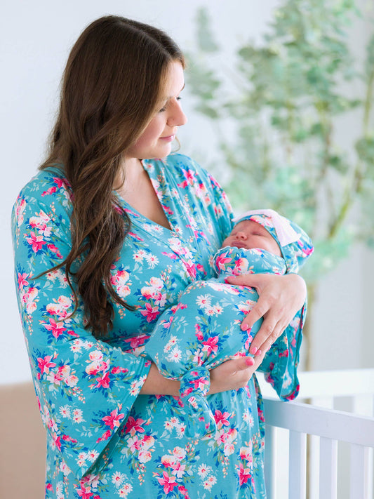 Women's Fancy Me Floral Bamboo Viscose Mommy & Me Maternity Robeand newborn gown set.