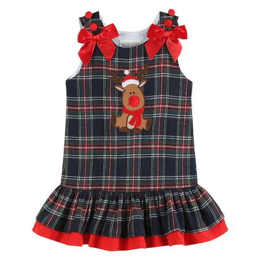 Navy and Red Plaid Reindeer Ruffle Dress: