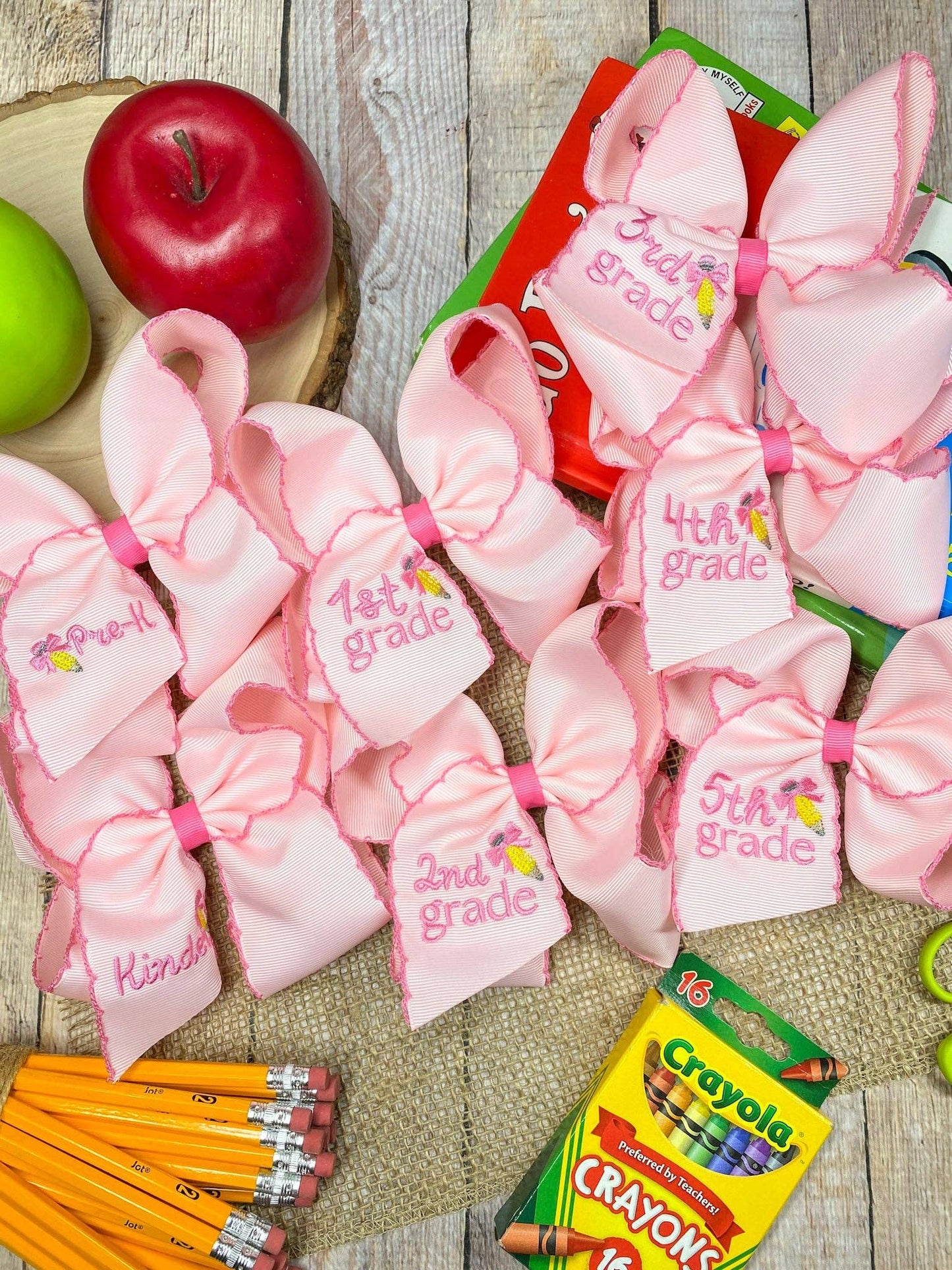 School Grade Embroidered Pencil Moonstitch Bow | Pre-K to 5th Grade: 1st Grade