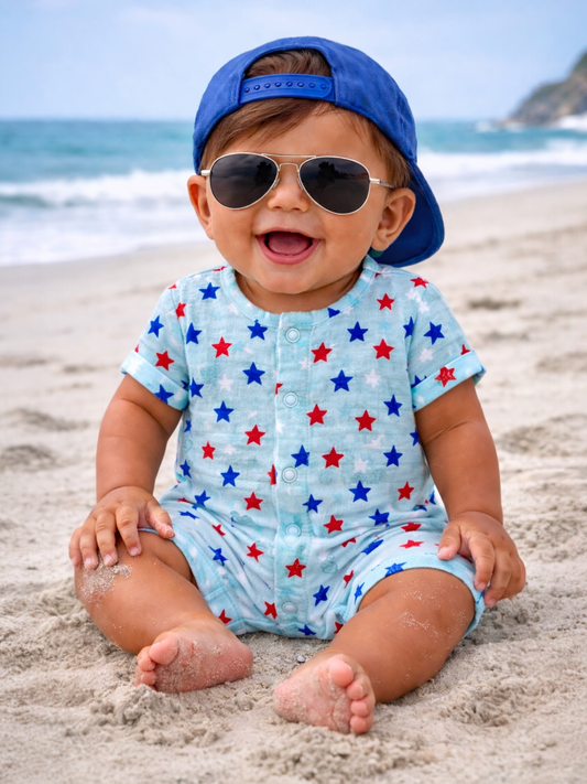 Splendid Stars Blue / Muslin Henley Shortall: 18-24M