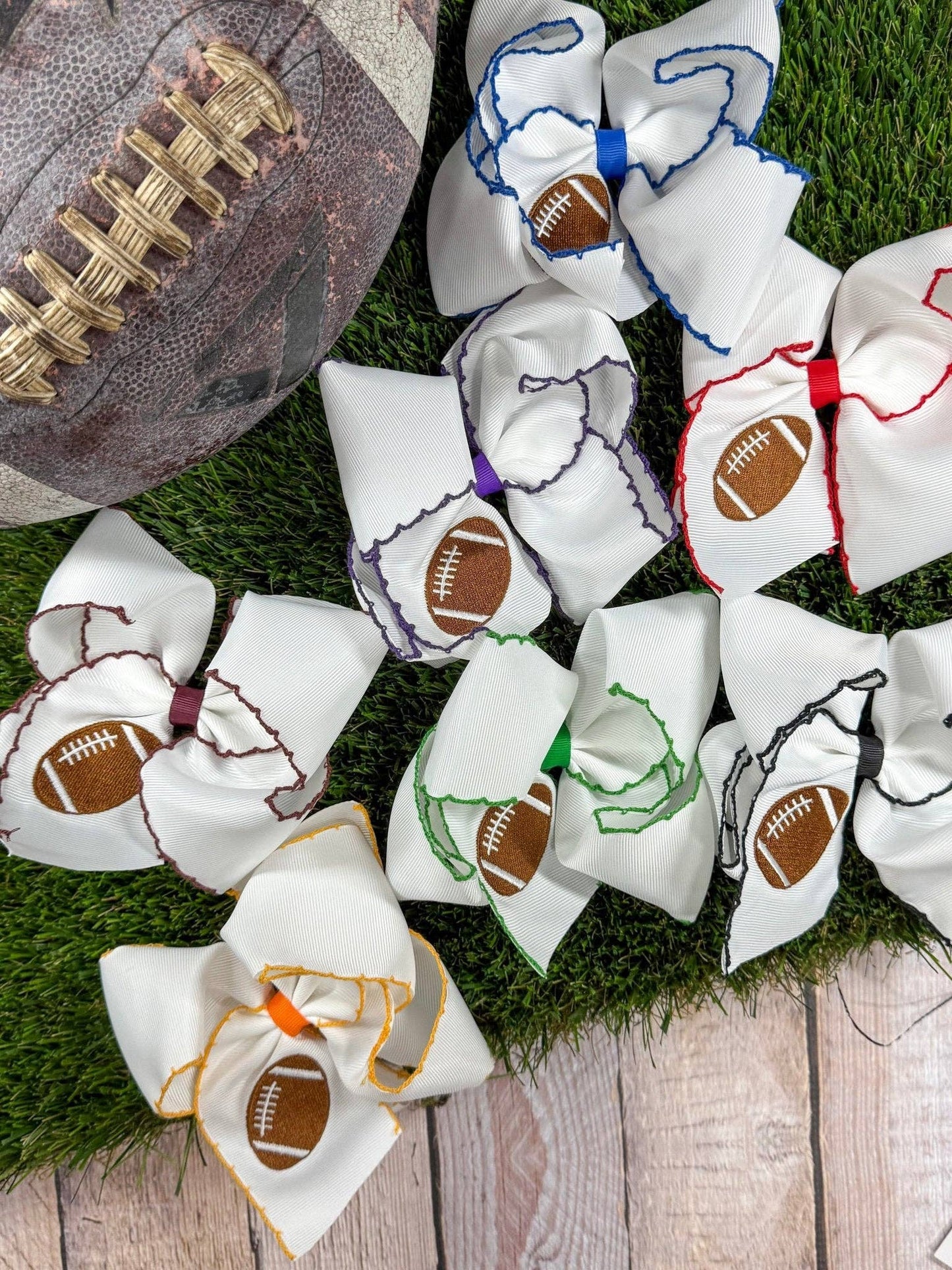Football Embroidered Moonstitch Hair Bow | Clip or Headband: Black/White / Clip