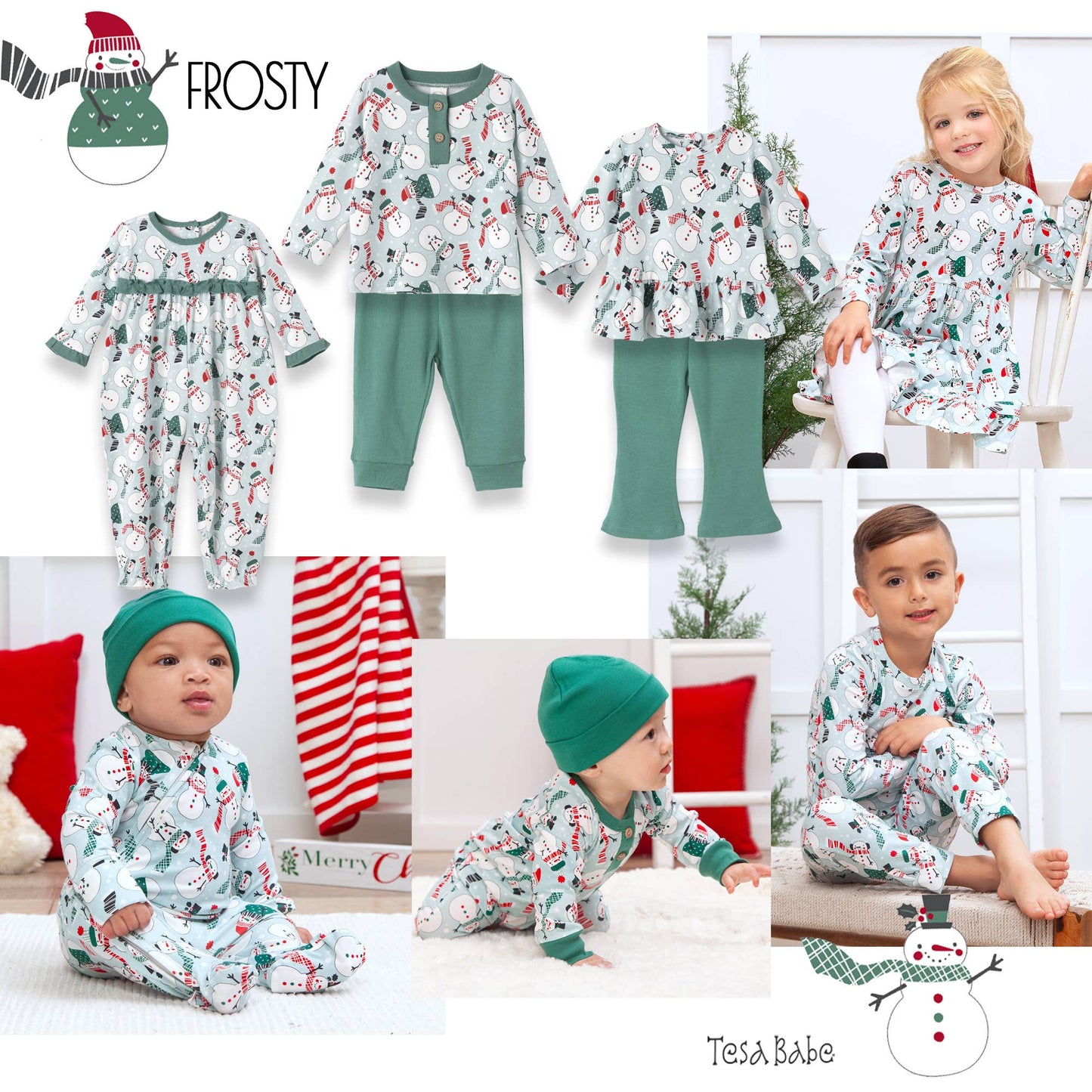 Christmas Snowmen Baby Boy's Bamboo Henley Top & Pants: