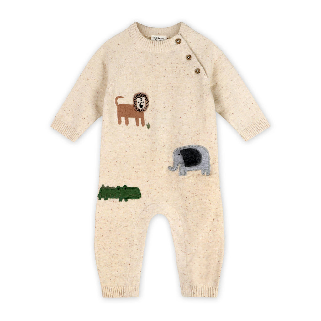 Safari Animals Baby Knit Jumpsuit (Organic Cotton): Oatmeal
