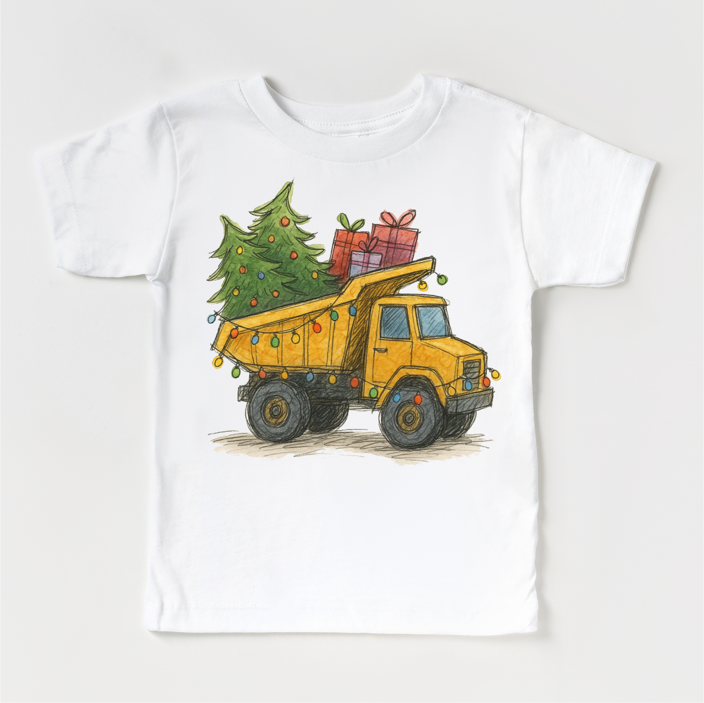 Dump Truck Construction Christmas T-Shirt - Kids Christmas Tee: White Long Sleeve Tee