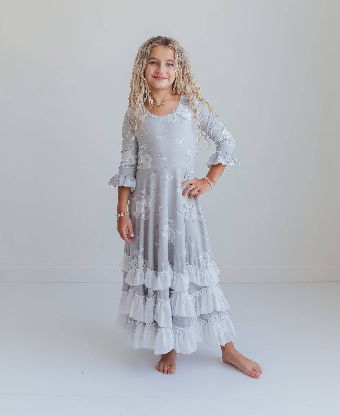 Girls Winter Rose Floral Long Sleeve Ruffles Dress