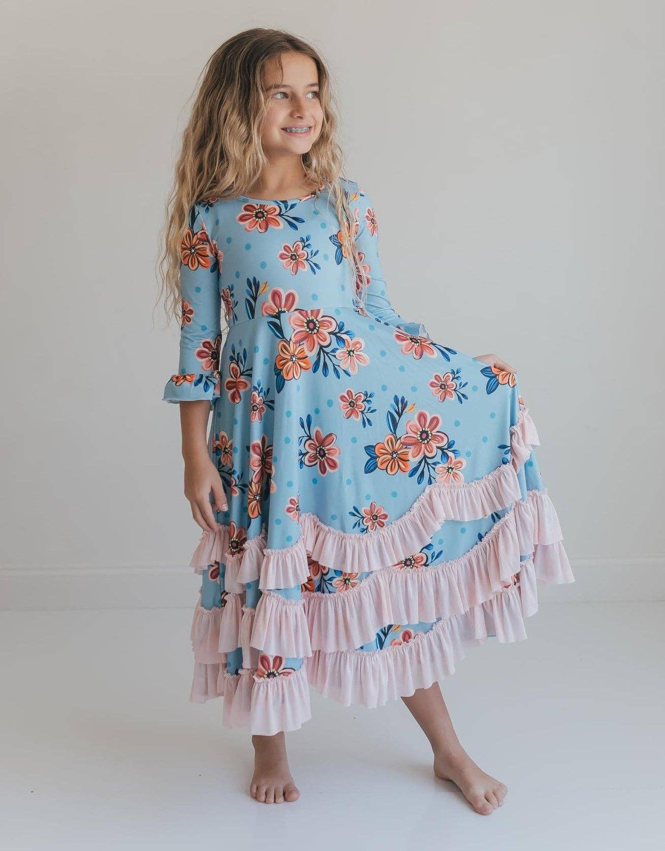Girls Bella Blue & Blush Winter Garden Twirl Ruffles Dress