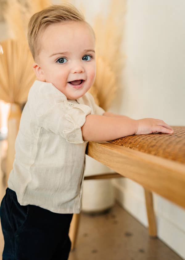 Portofino Baby Shirt & Pants Set (Organic Cotton): Natural / Navy