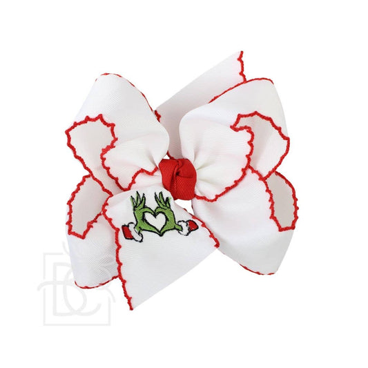 EMBROIDERED GRINCH HEART CROCHET EDGE HAIR BOWS: White w/ Red Crochet Edge / 5.5" Huge