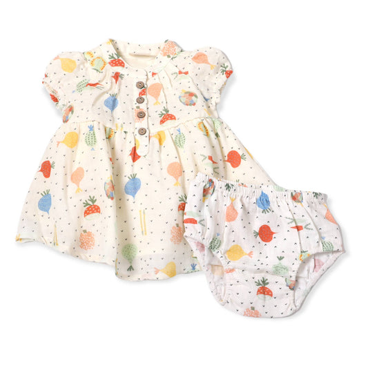 Veggie Puff Sleeve Muslin Baby Dress+Bloomer -Organic Muslin: Natural