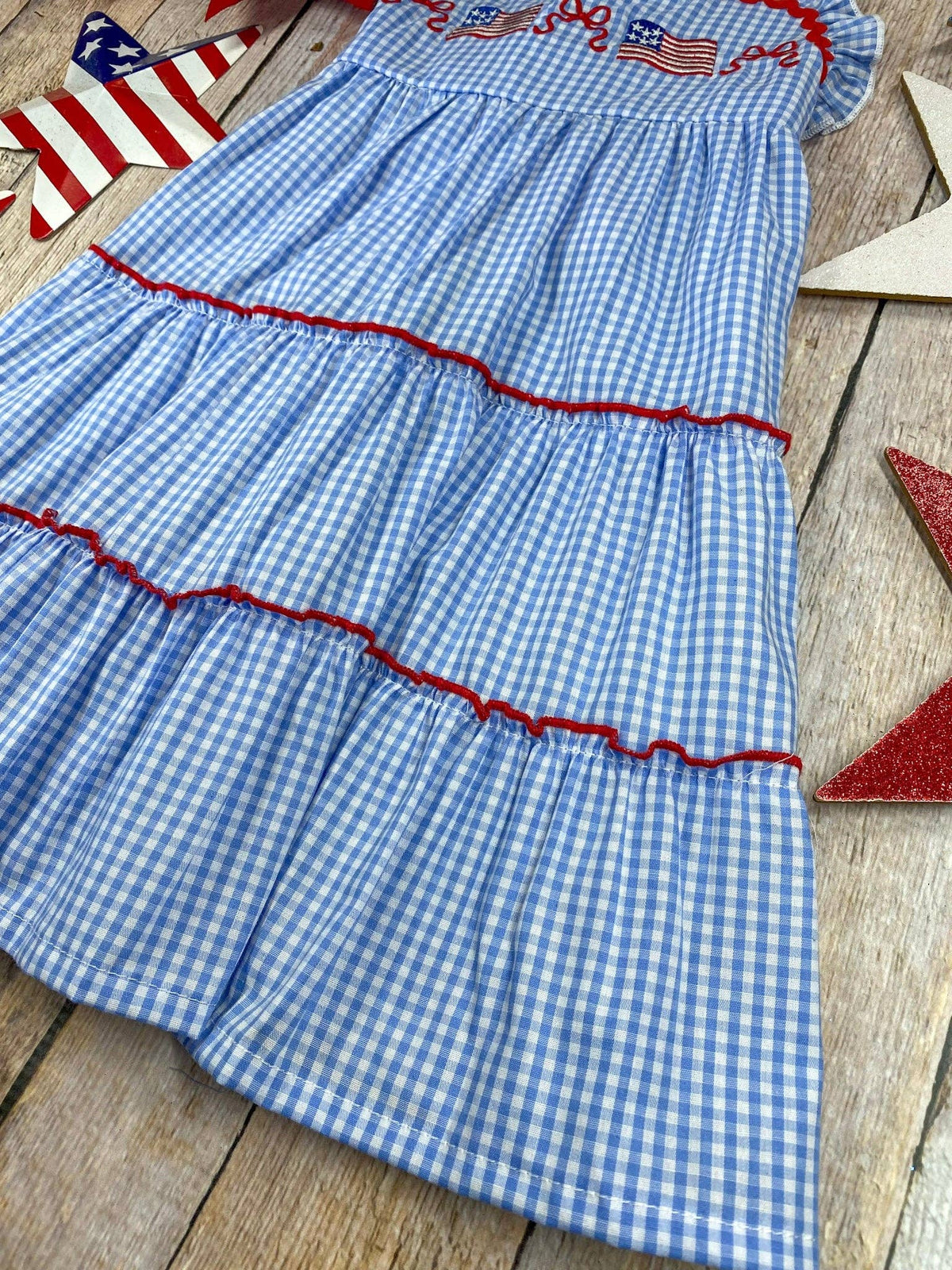 Blue Gingham American Flag Tiered Dress | Girls Patriotic Ruffle Dress