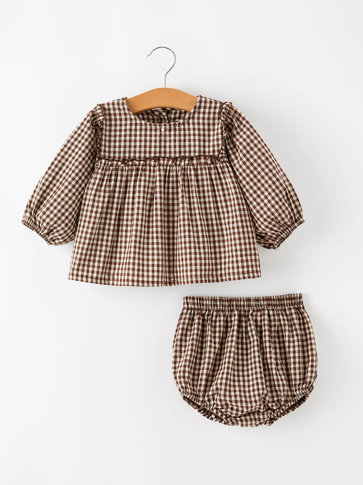 Gingham Baby Romper with Long Sleeve Puff Design: Brown