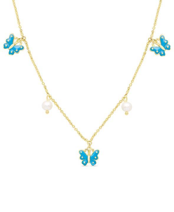Butterfly and Freshwater Pearl Charms Necklace: Blue