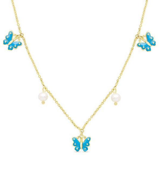 Butterfly and Freshwater Pearl Charms Necklace: Blue
