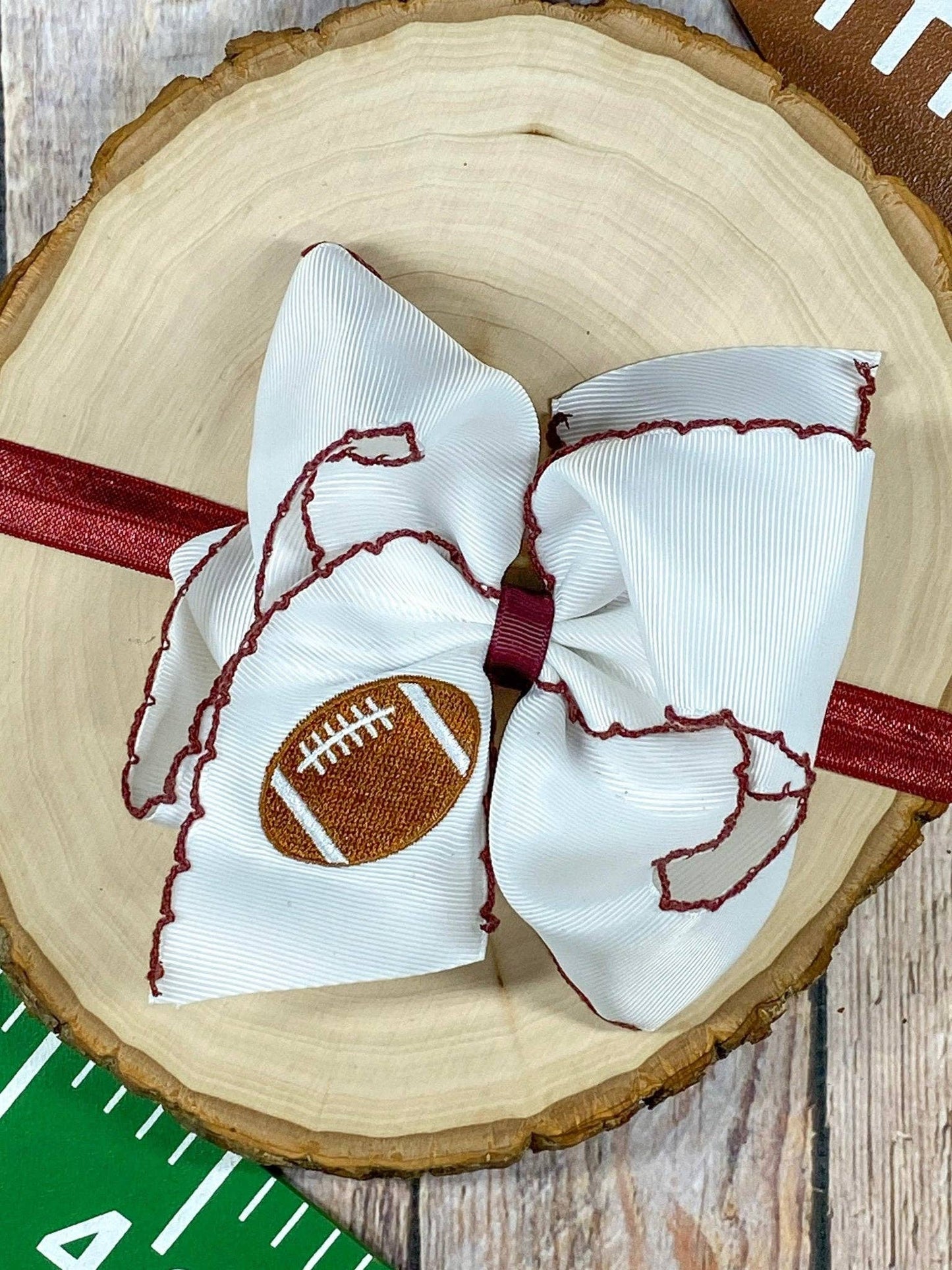 Football Embroidered Moonstitch Hair Bow | Clip or Headband: Black/White / Clip