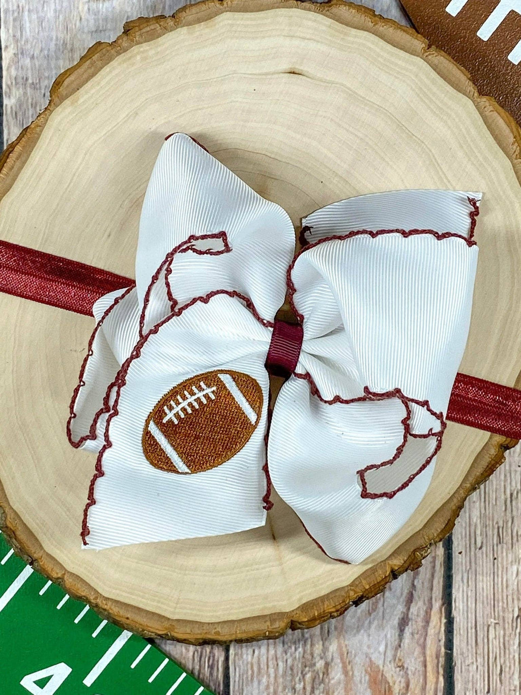 Football Embroidered Moonstitch Hair Bow | Clip or Headband: Orange/White / Clip