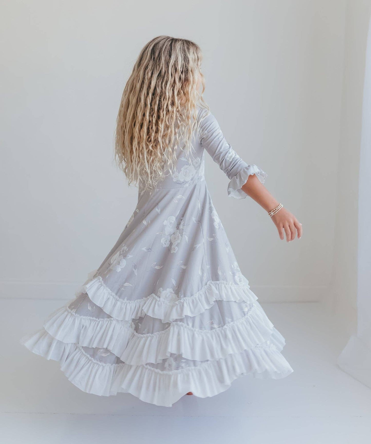 Girls Winter Rose Floral Long Sleeve Ruffles Dress