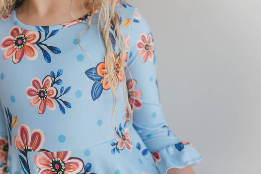 Girls Bella Blue & Blush Winter Garden Twirl Ruffles Dress