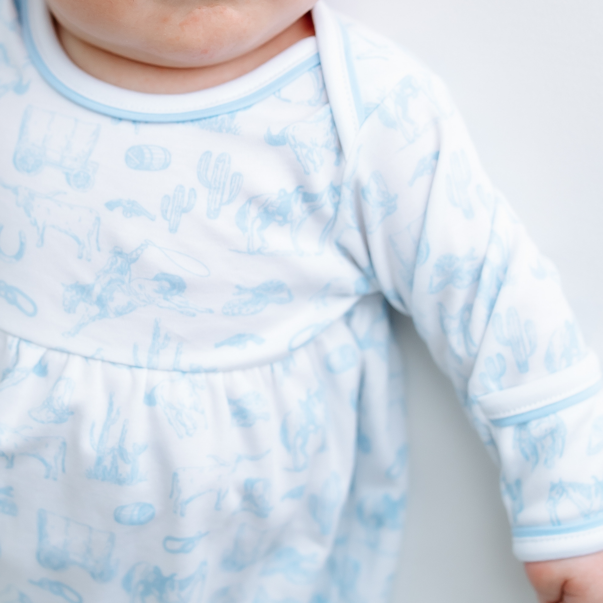 Wild West Toile Gathered Gown - Light Blue: 3 Months