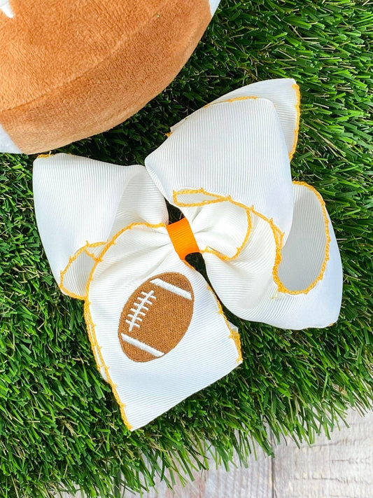 Football Embroidered Moonstitch Hair Bow | Clip or Headband: Orange/White / Clip